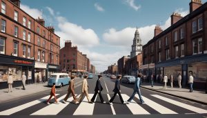 an AI generated view of Liverpool showcasing the iconic waterfront, bustling streets, and maybe a glimpse of the Beatles crossing Abbey Road in the foreground.
